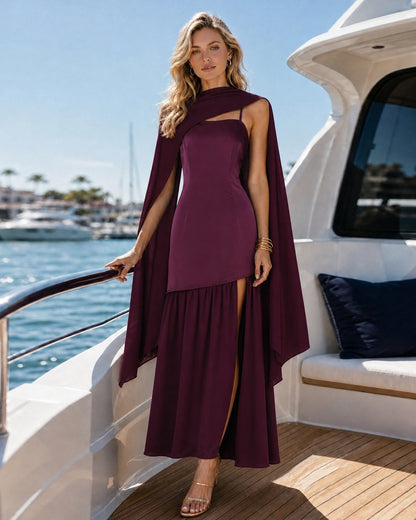 Purple Square Neck Splicing Maxi Dress