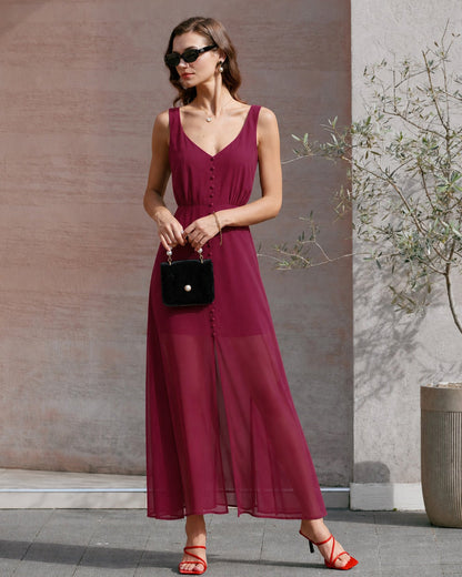 Wine Red Button Slit Chiffon Maxi Dress