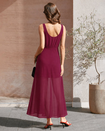 Wine Red Button Slit Chiffon Maxi Dress