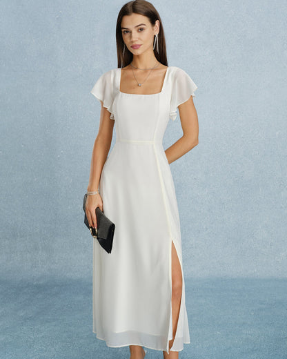 Beige Square Neck Slit Chiffon Maxi Dress
