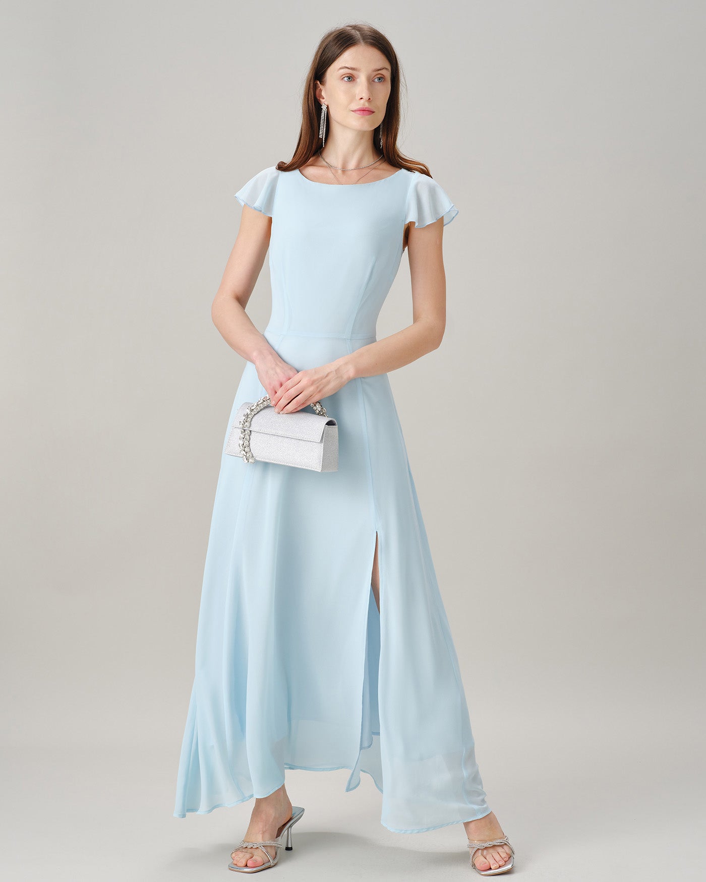 Blue Boat Neck Slit Chiffon Maxi Dress