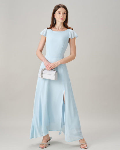 Blue Boat Neck Slit Chiffon Maxi Dress