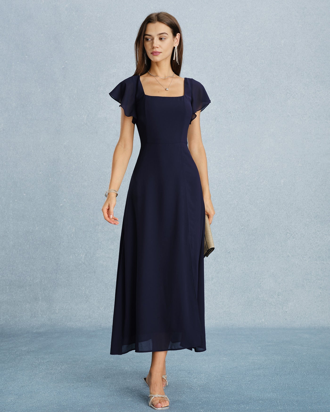 Navy Square Neck Slit Chiffon Maxi Dress