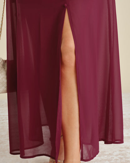 Wine Red Button Slit Chiffon Maxi Dress