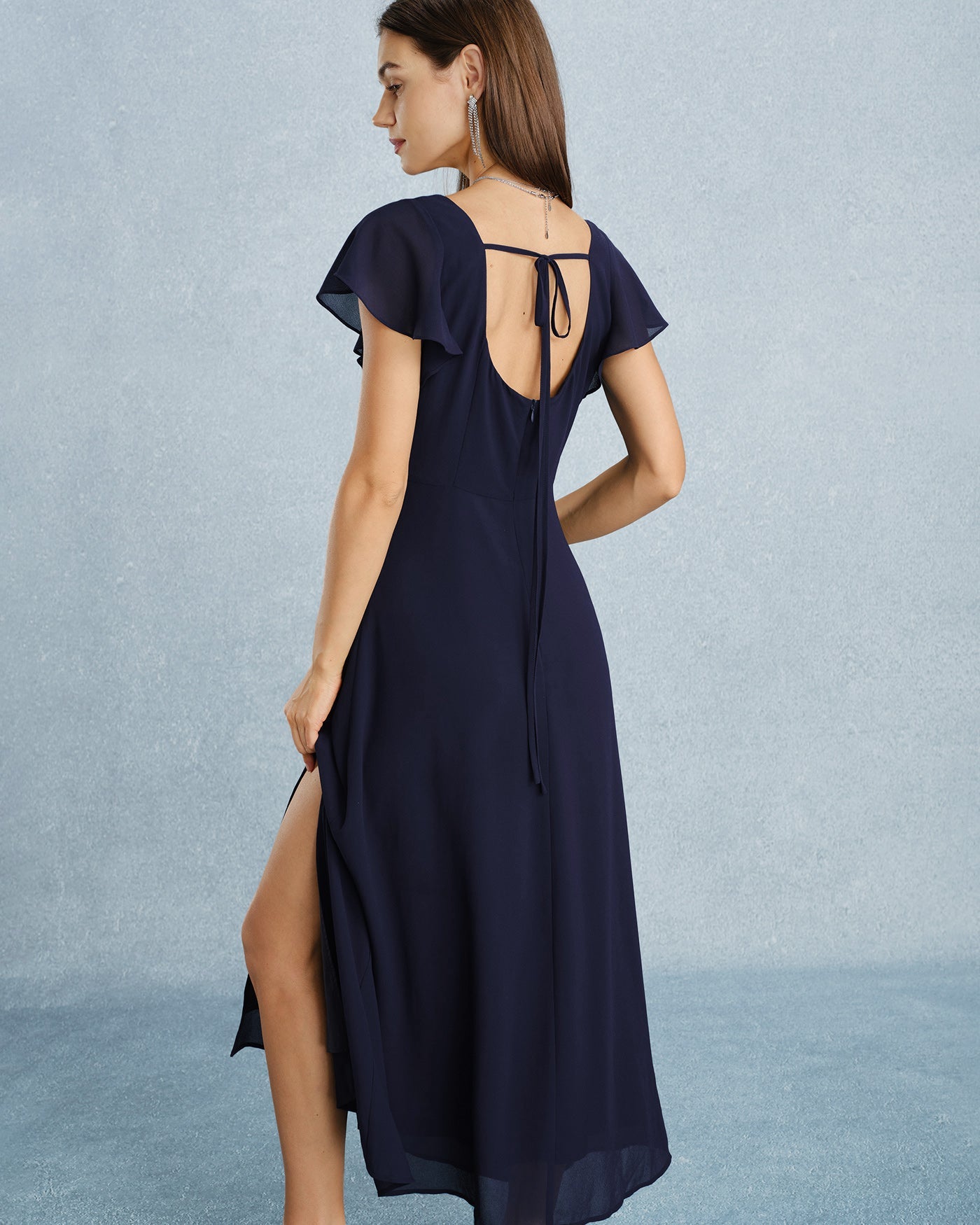 Navy Square Neck Slit Chiffon Maxi Dress