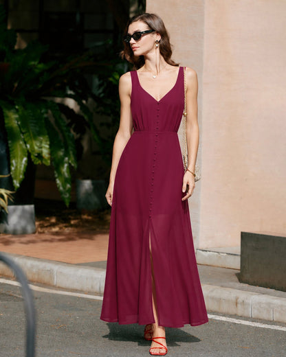 Wine Red Button Slit Chiffon Maxi Dress