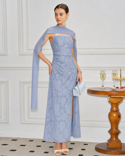 Blue Square Neck Jacquard Slit Maxi Dress