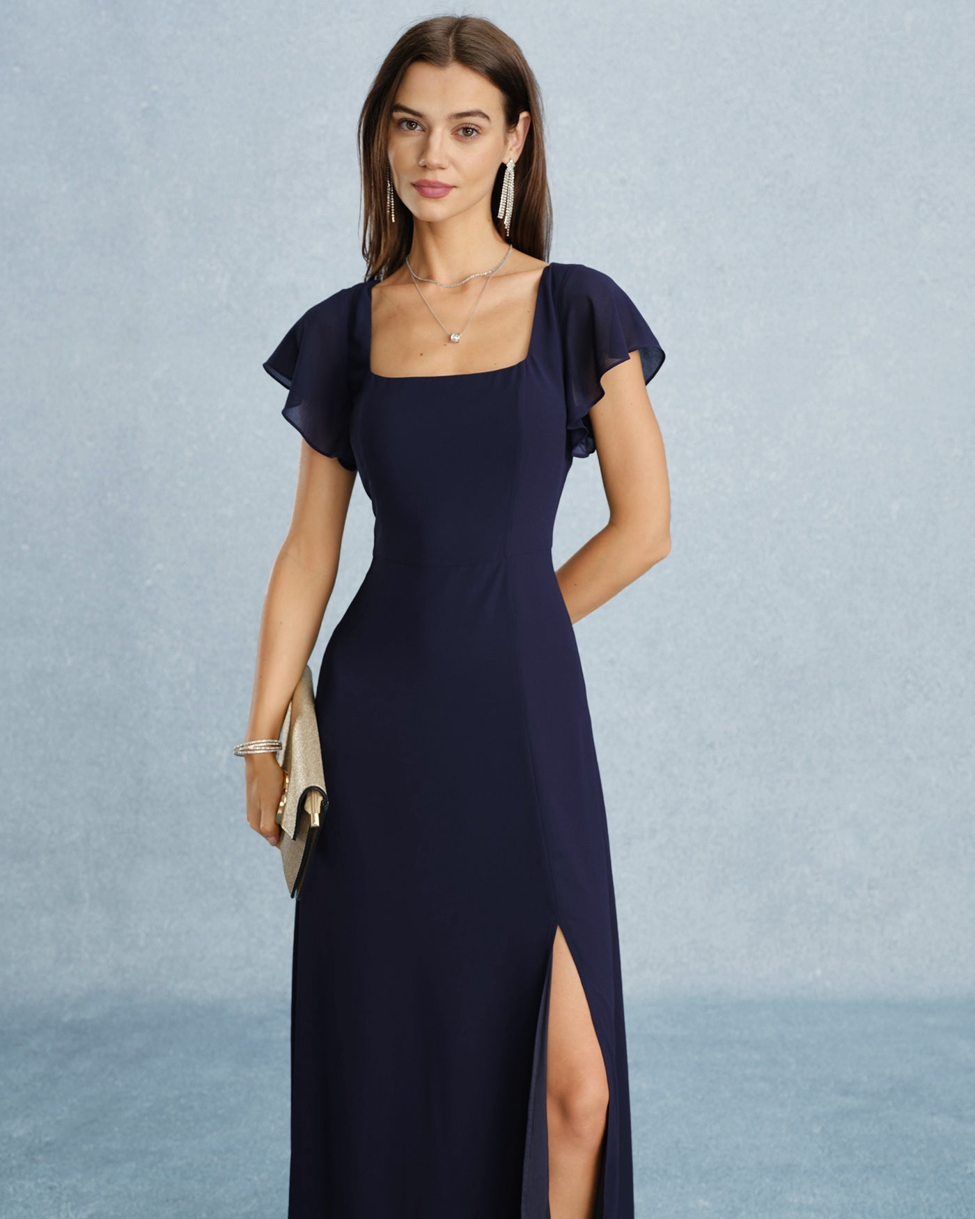 Navy Square Neck Slit Chiffon Maxi Dress