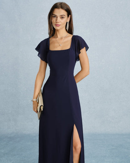 Navy Square Neck Slit Chiffon Maxi Dress