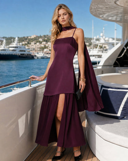 Purple Square Neck Splicing Maxi Dress