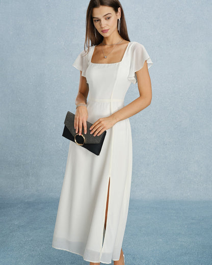 Beige Square Neck Slit Chiffon Maxi Dress