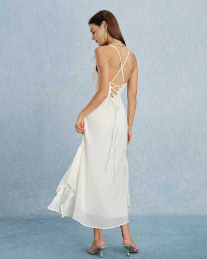 Apricot Ruffle Slip Chiffon Maxi Dress
