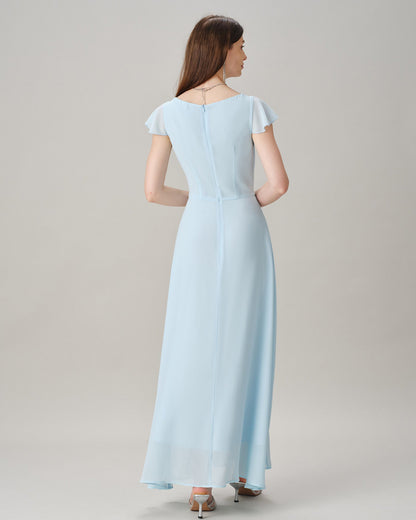 Blue Boat Neck Slit Chiffon Maxi Dress