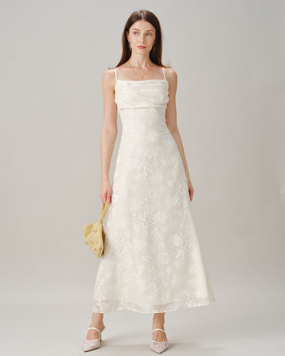Apricot Square Neck Jacquard Sequins Maxi Dress