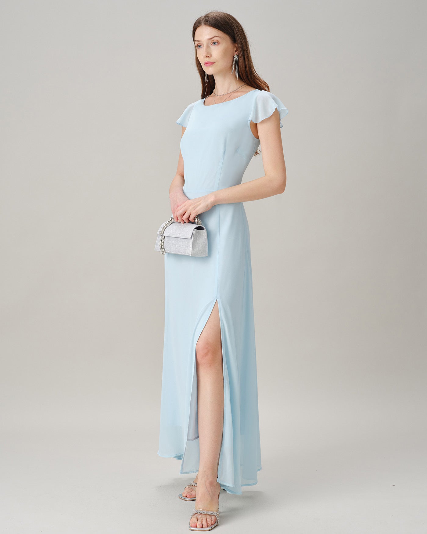 Blue Boat Neck Slit Chiffon Maxi Dress