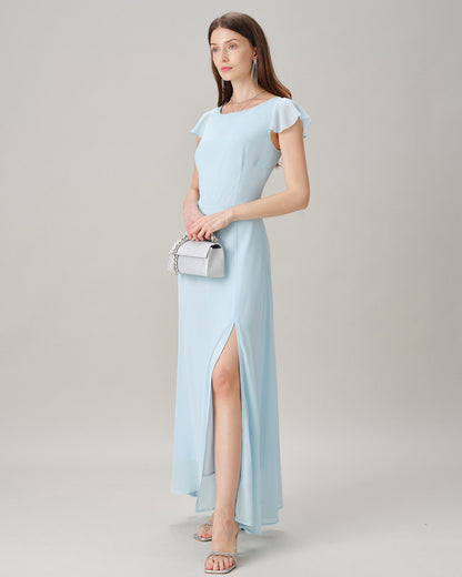 Blue Boat Neck Slit Chiffon Maxi Dress