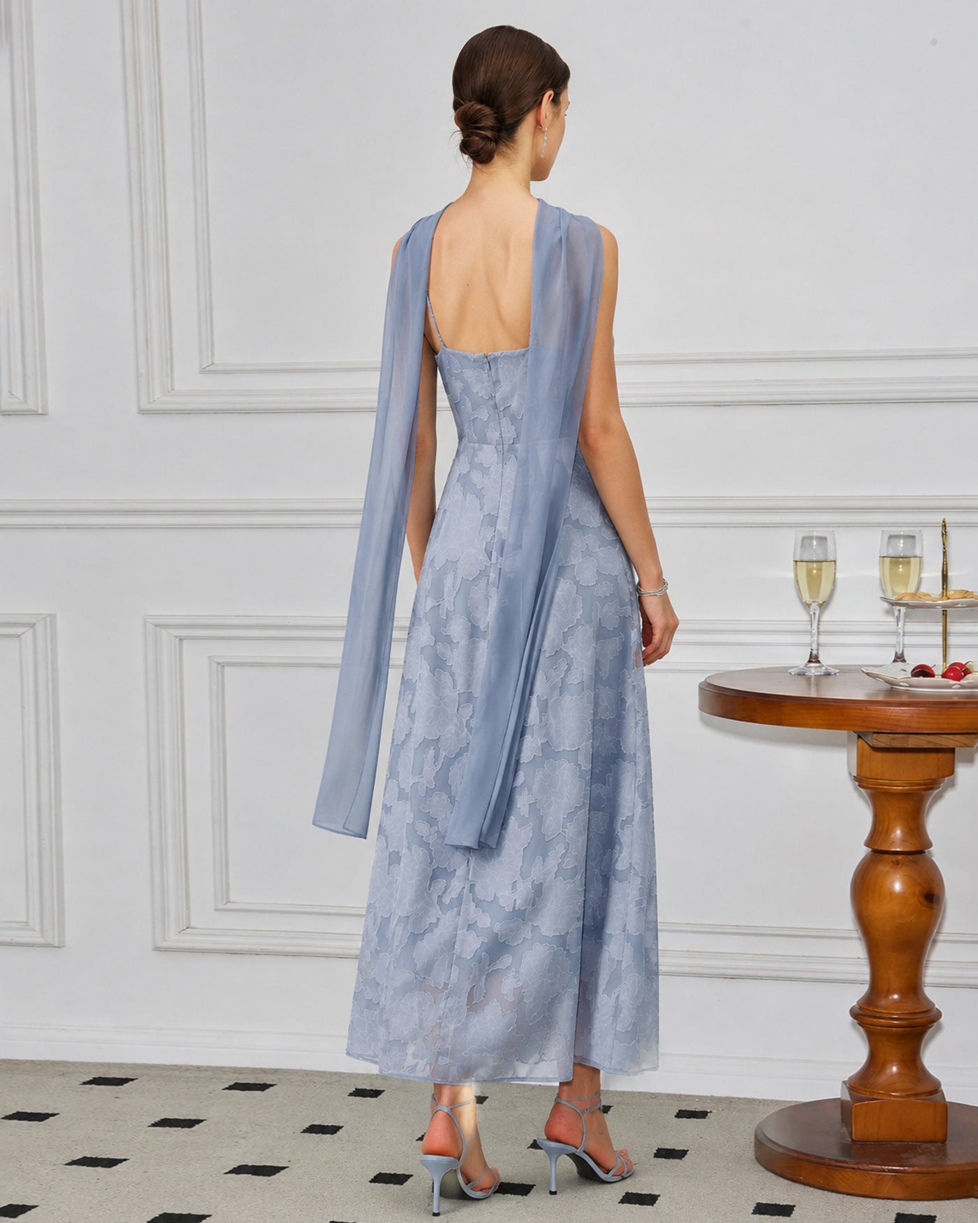 Blue Square Neck Jacquard Slit Maxi Dress