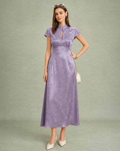 Purple Mandarin Collar Slit Satin Maxi Dress