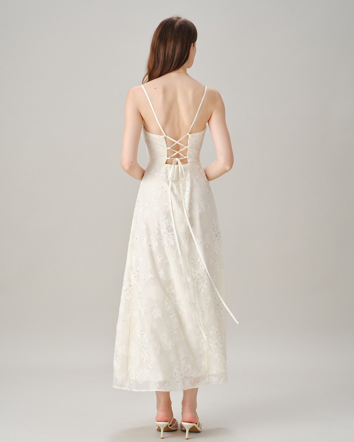 Apricot Square Neck Jacquard Sequins Maxi Dress