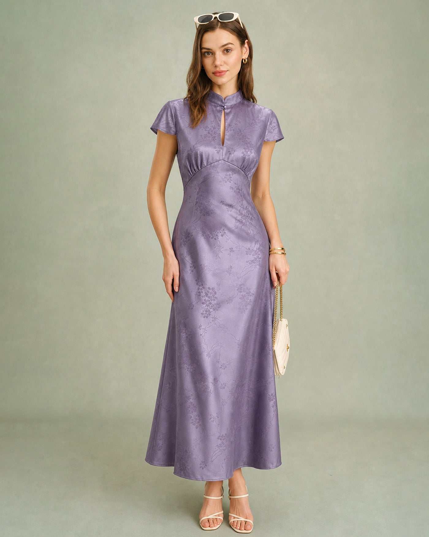 Purple Mandarin Collar Slit Satin Maxi Dress