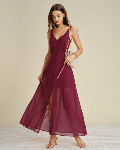 Wine Red Button Slit Chiffon Maxi Dress