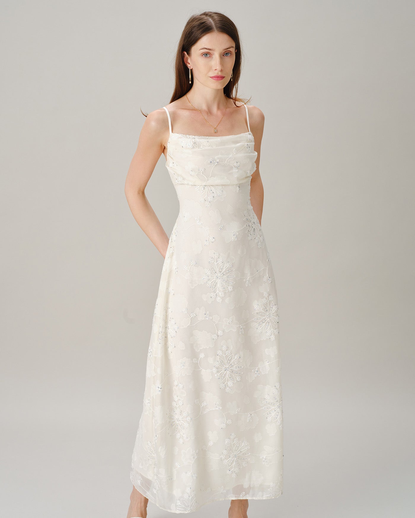 Apricot Square Neck Jacquard Sequins Maxi Dress