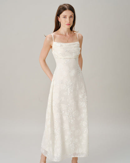 Apricot Square Neck Jacquard Sequins Maxi Dress