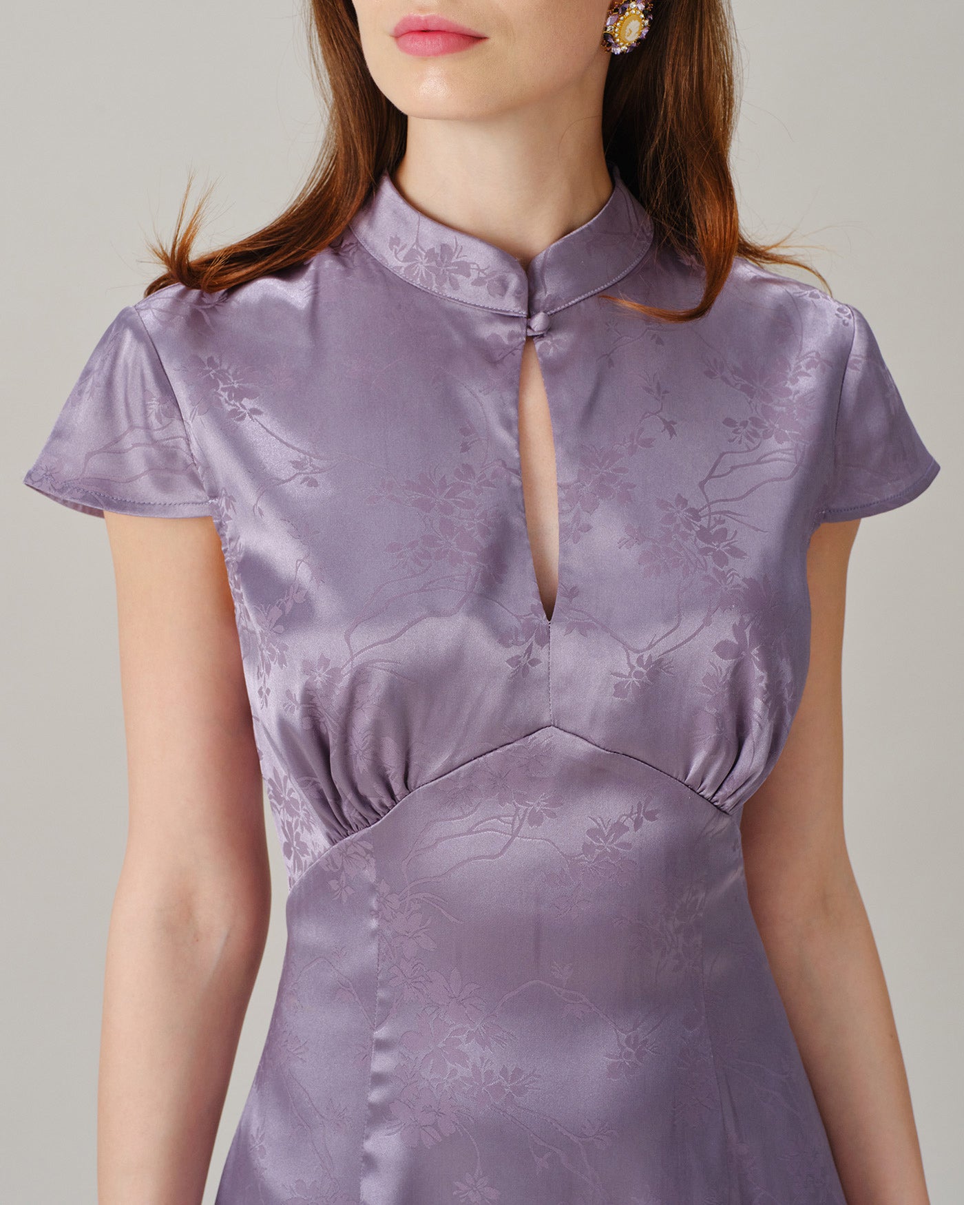 Purple Mandarin Collar Slit Satin Maxi Dress