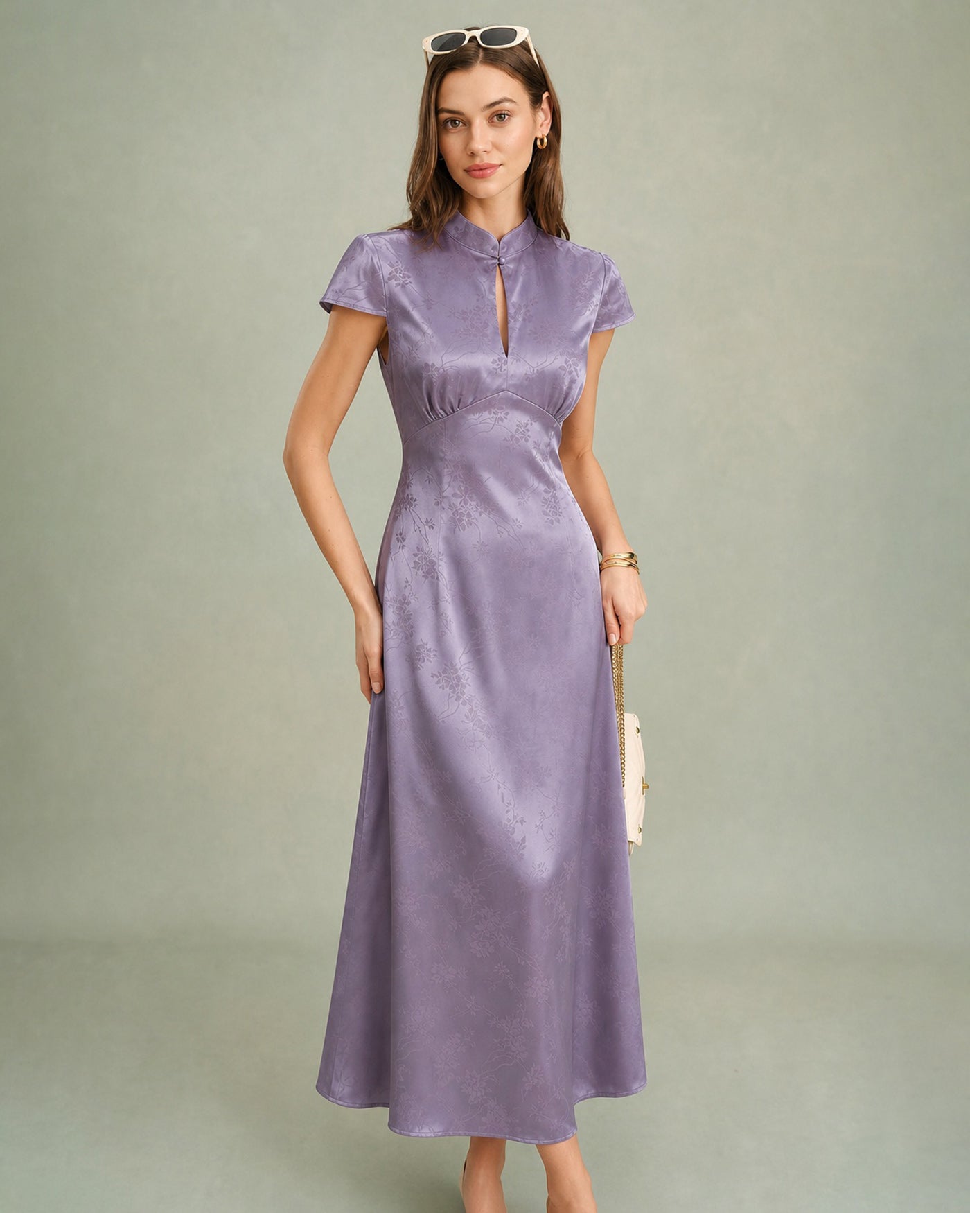 Purple Mandarin Collar Slit Satin Maxi Dress