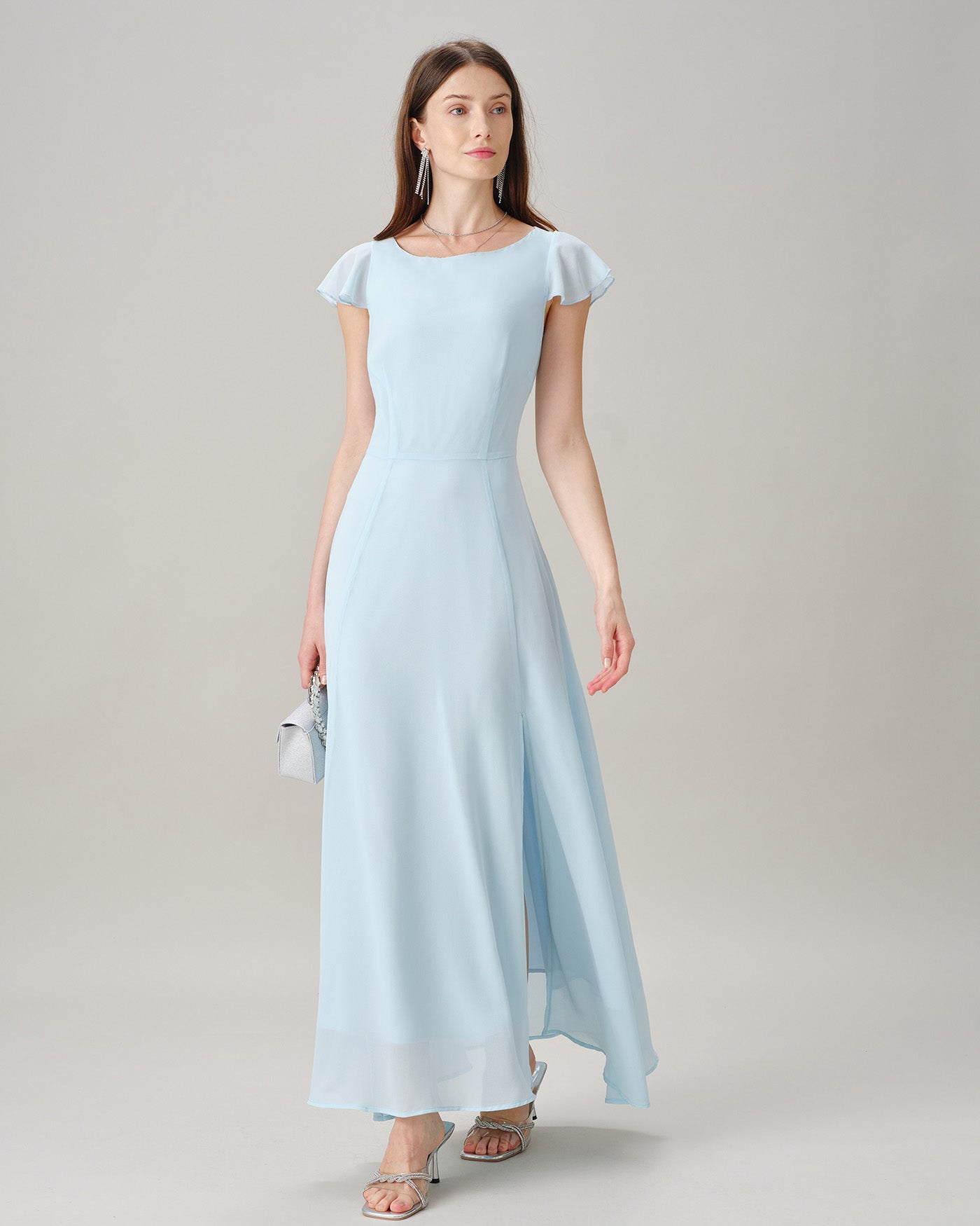 Blue Boat Neck Slit Chiffon Maxi Dress