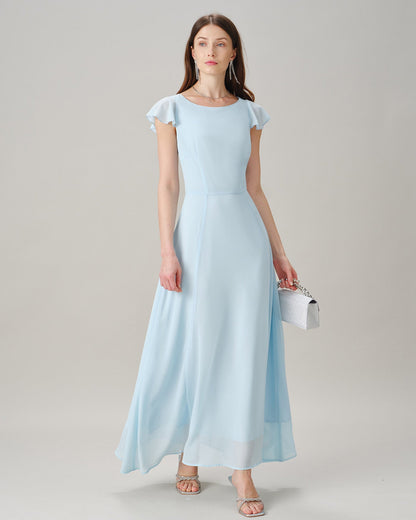 Blue Boat Neck Slit Chiffon Maxi Dress