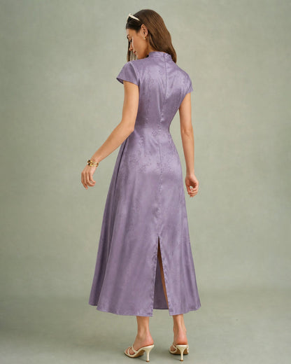 Purple Mandarin Collar Slit Satin Maxi Dress