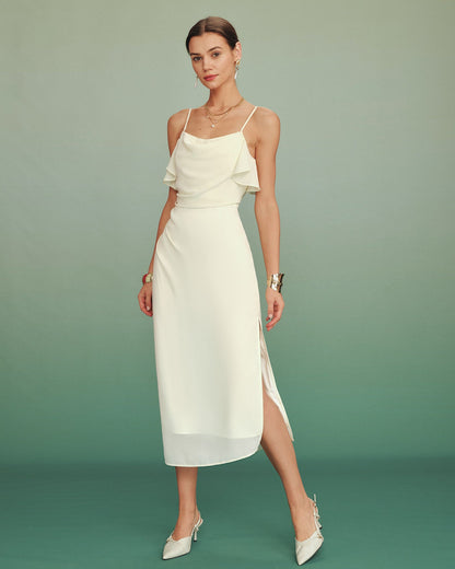 Apricot Ruffle Slip Chiffon Midi Dress