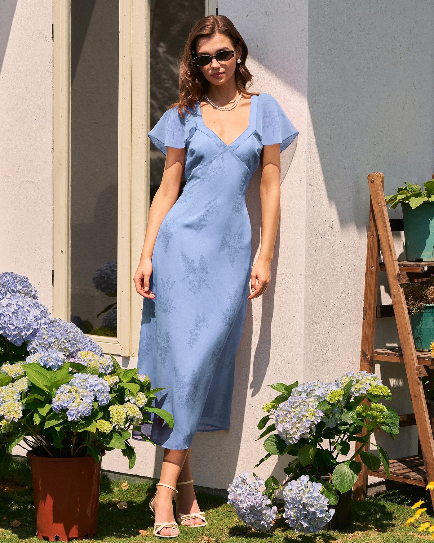 Blue Butterfly Sleeve Floral Midi Dress