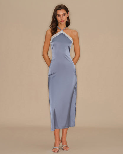 Blue Halter Lace Slip Midi Dress