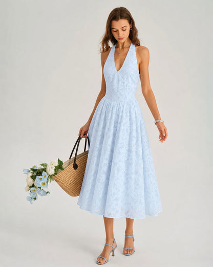 Blue Halter Tie Jacquard Midi Dress