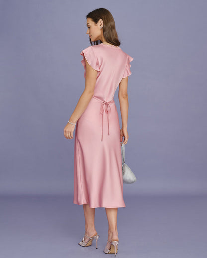 Pink V Neck Lace Satin Midi Dress
