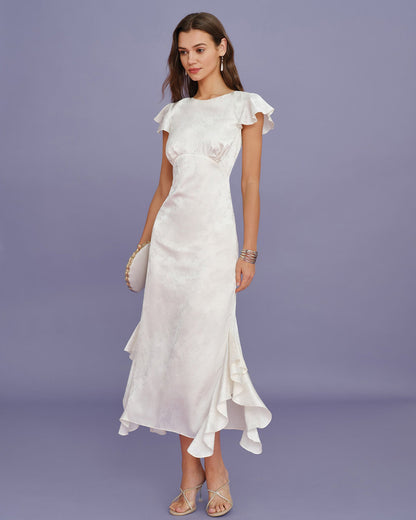 Beige Boat Neck Jacquard Ruffle Midi Dress