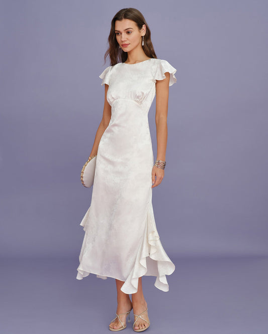 Beige Boat Neck Jacquard Ruffle Midi Dress
