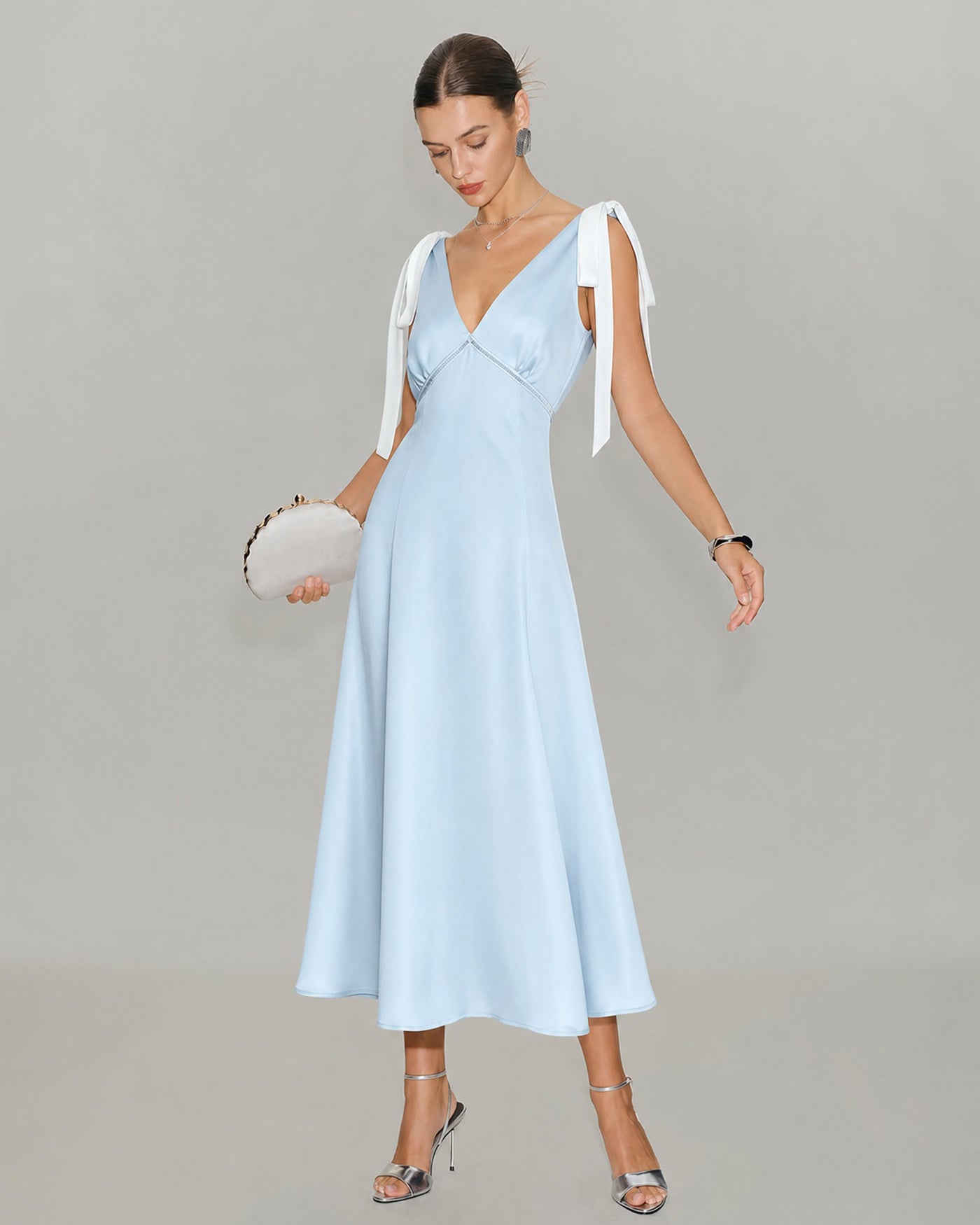 Blue V Neck Cut Out Satin Midi Dress