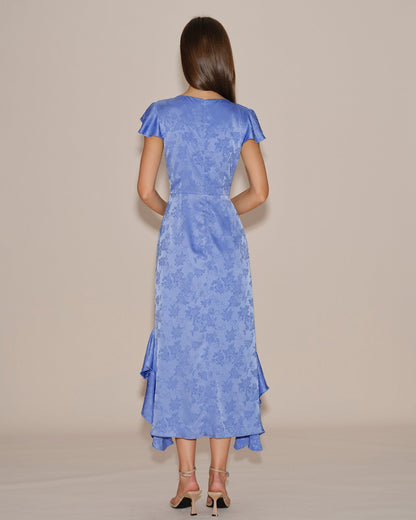 Blue Boat Neck Jacquard Ruffle Midi Dress