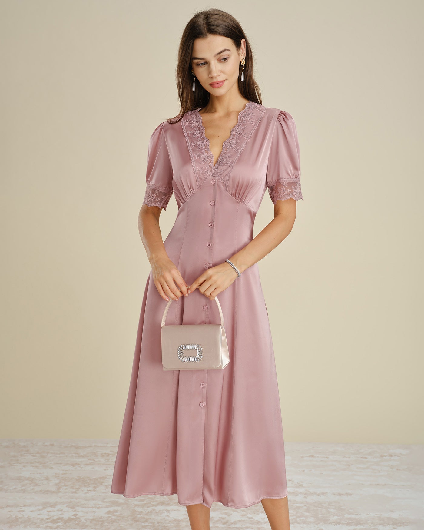 Pink Lace Splicing Satin Midi Dress