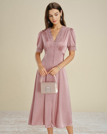 Pink Lace Splicing Satin Midi Dress