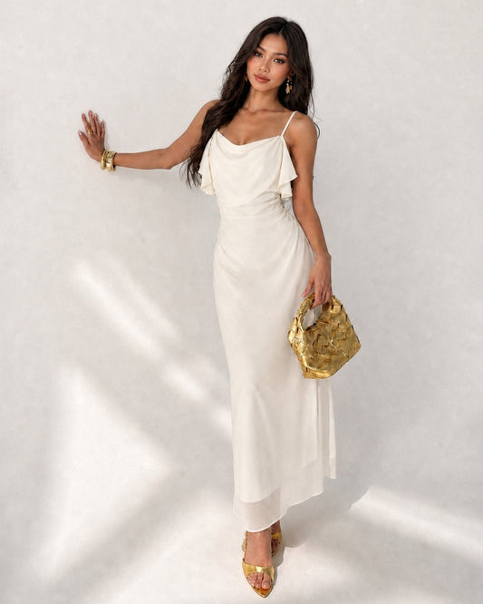 Apricot Ruffle Slip Chiffon Midi Dress