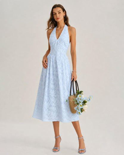 Blue Halter Tie Jacquard Midi Dress