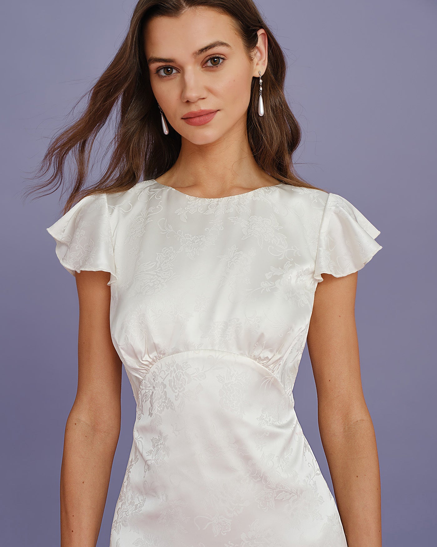 Beige Boat Neck Jacquard Ruffle Midi Dress