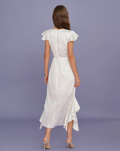 Beige Boat Neck Jacquard Ruffle Midi Dress