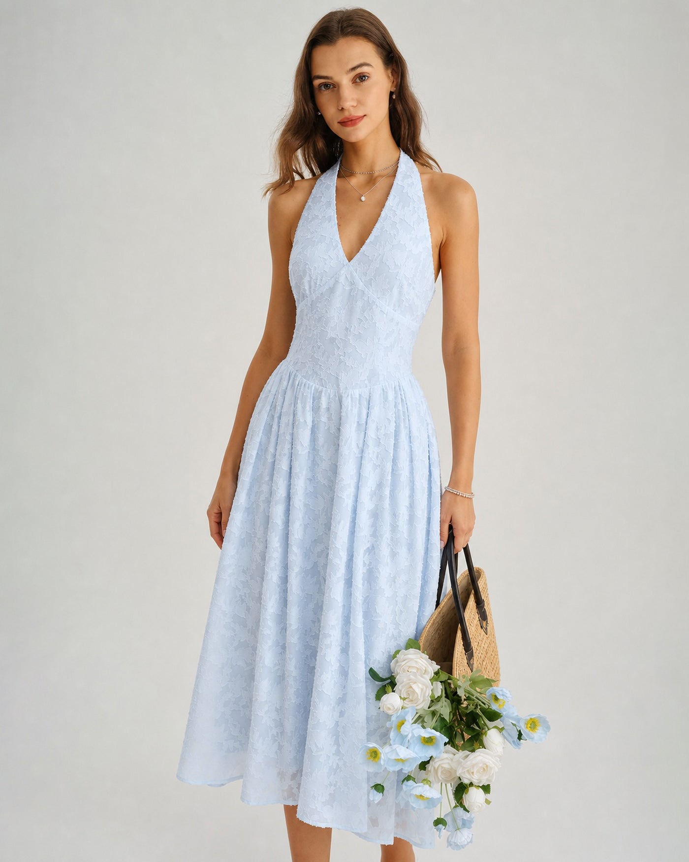 Blue Halter Tie Jacquard Midi Dress