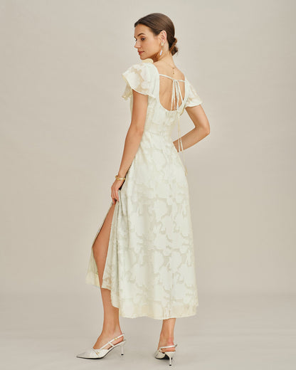 Beige Square Neck Jacquard Midi Dress