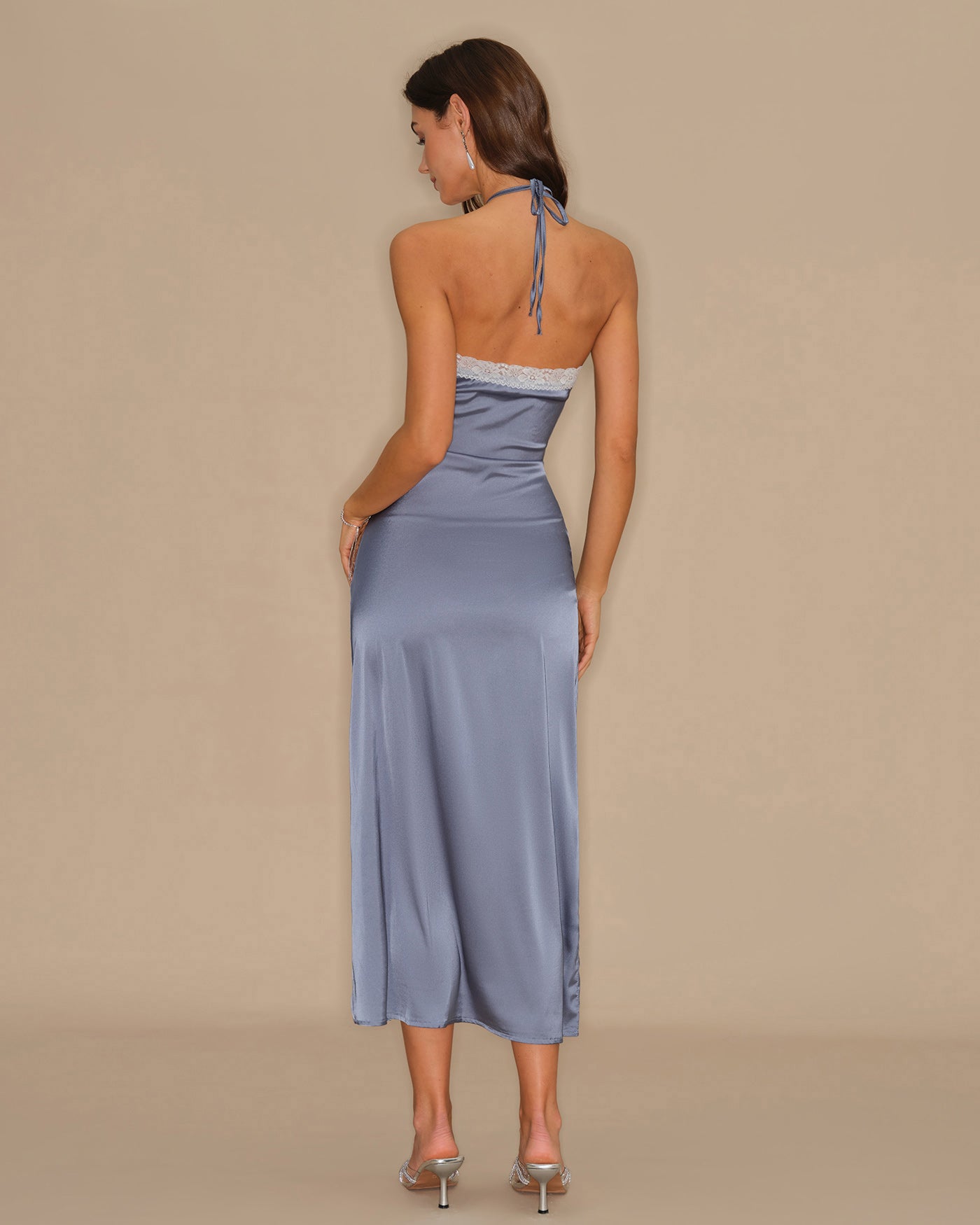 Blue Halter Lace Slip Midi Dress